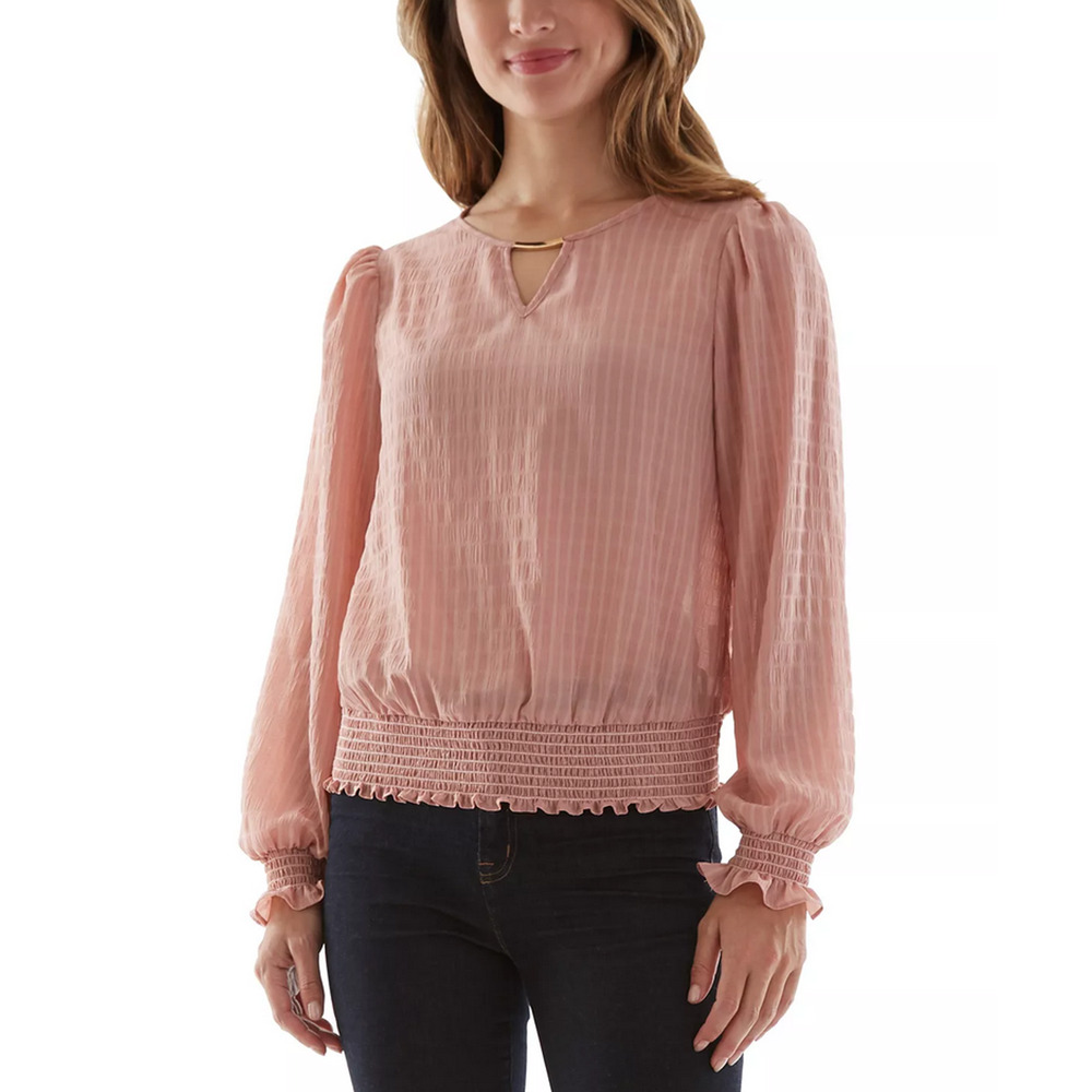 BCX Juniors Smocked Keyhole Top Blush Size L